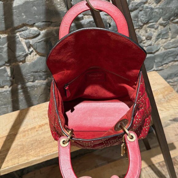 Christian Dior Red Leather Gold Studded Medium Lady Dior Bag - Picture 12 of 16